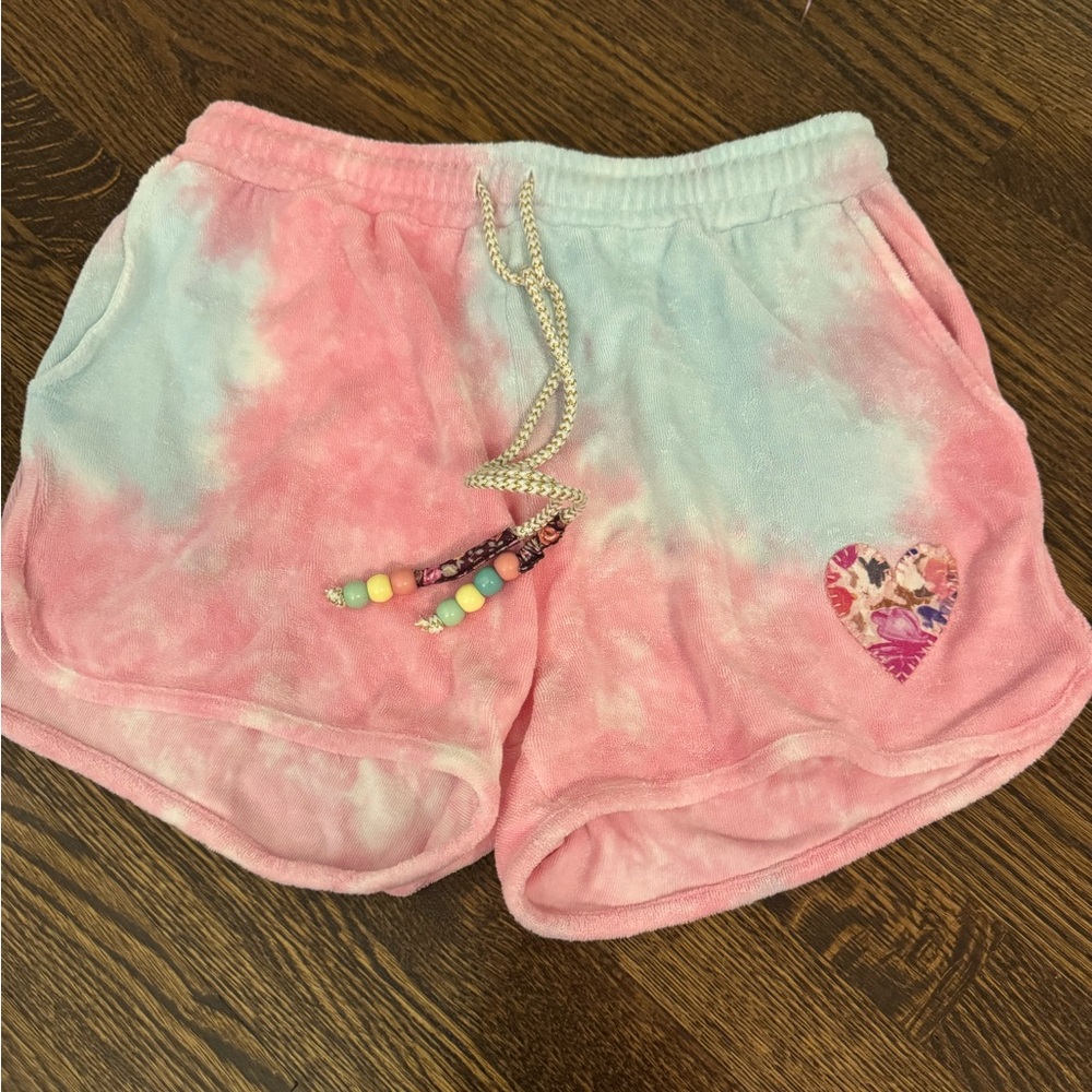 LoveShackFancy Pink & Light Blue Tie-Dye Heart Patch Athletic Shorts